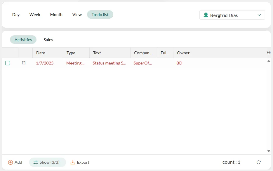 Diary screen with the section tabs inside the To-do list view tab -screenshot