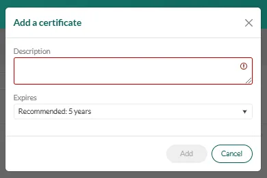 New Certificate dialog -screenshot