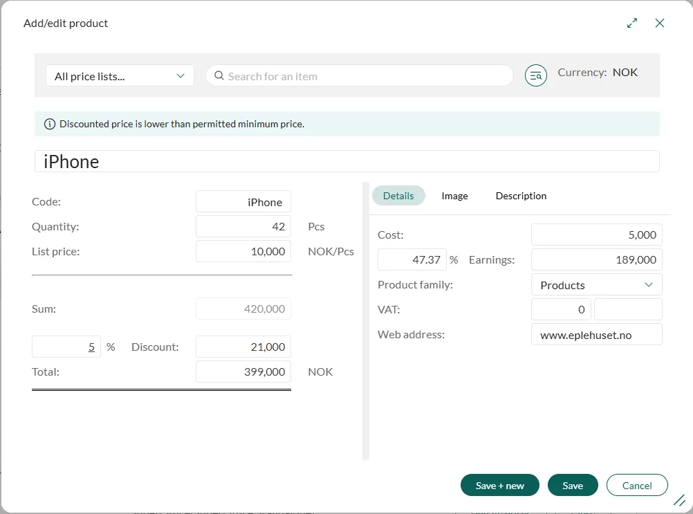 Add/edit product dialog -screenshot