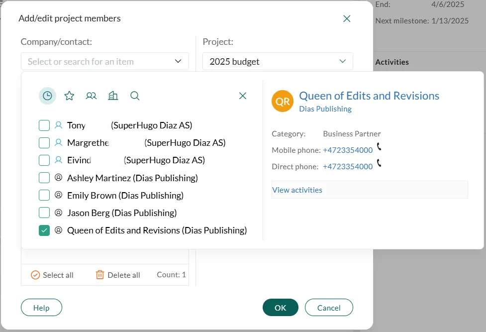 Add/edit project members dialog, history -screenshot