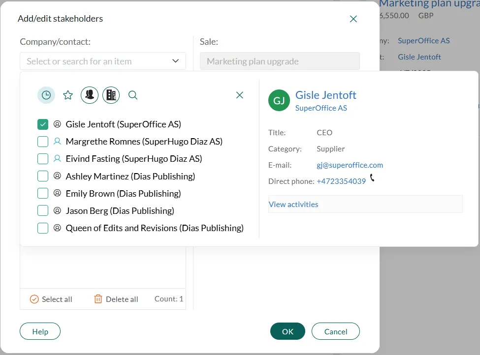 Add/edit stakeholders dialog, history -screenshot