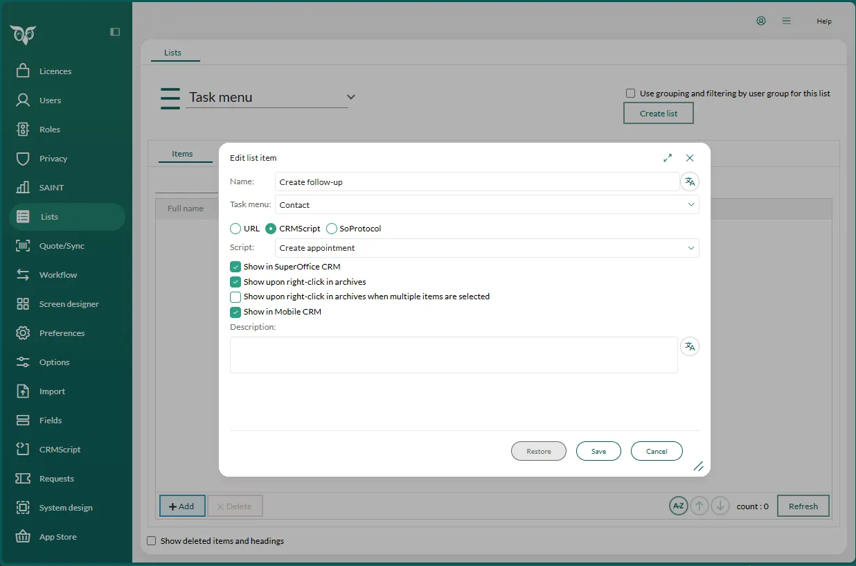 Setup of a custom task that runs a CRMScript -screenshot