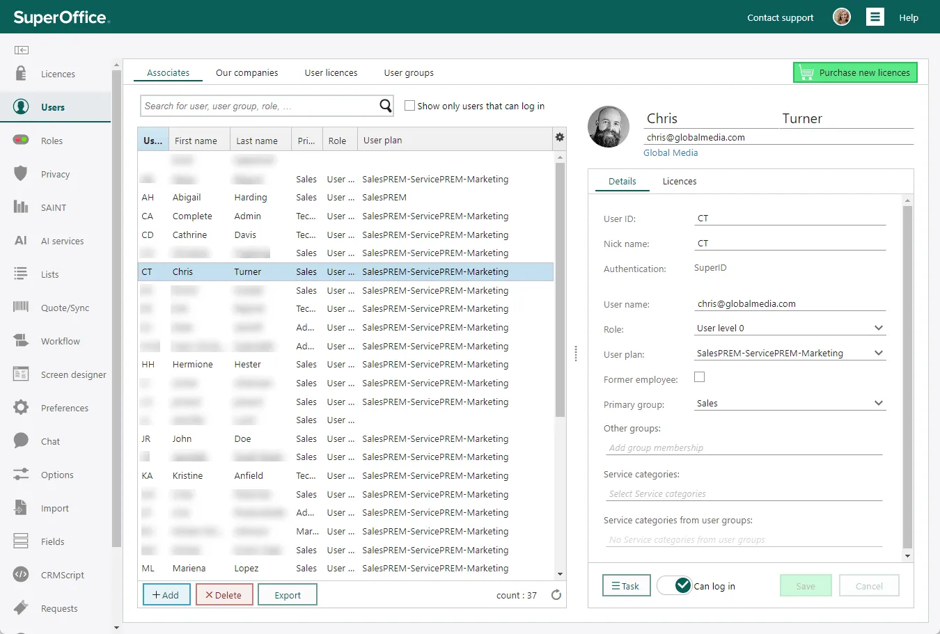 An overview of the User screen in Settings and maintenance -screenshot