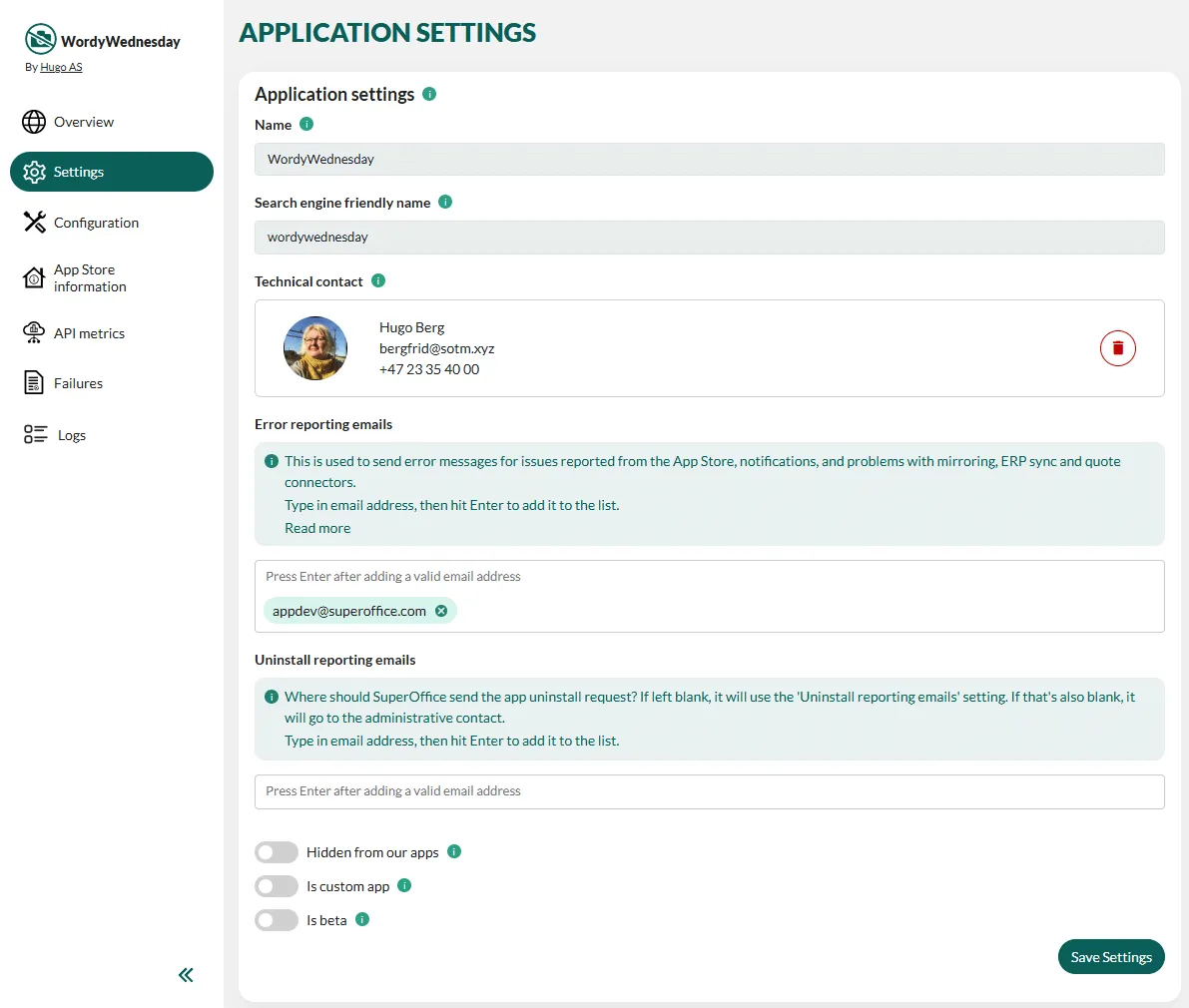 SuperOffice Developer Portal application settings -screenshot