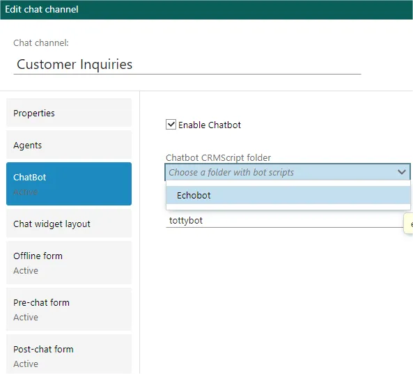 Chat channel admin: chatbot tab