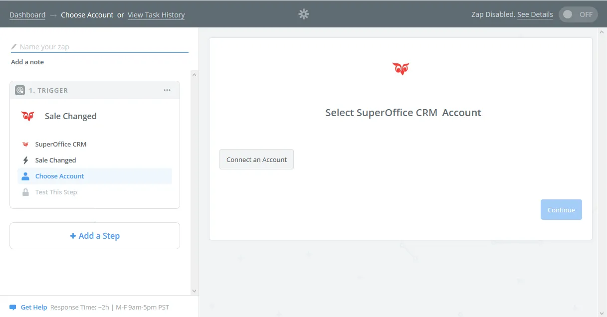 Zapier: Select SuperOffice CRM Account -screenshot