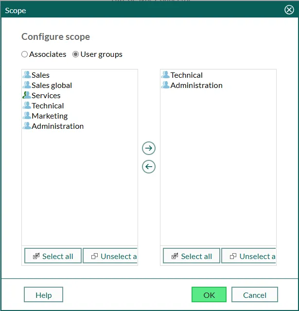 Dialogboks til konfiguration af område med brugergruppevalg -screenshot