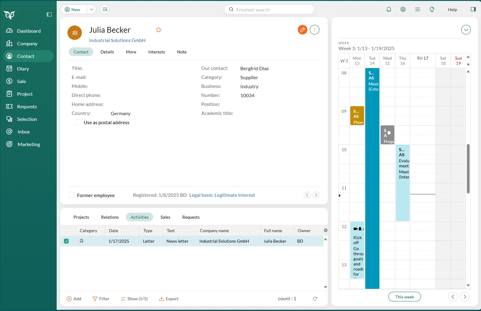 Contact card with activities and week side panel in SuperOffice CRM -screenshot