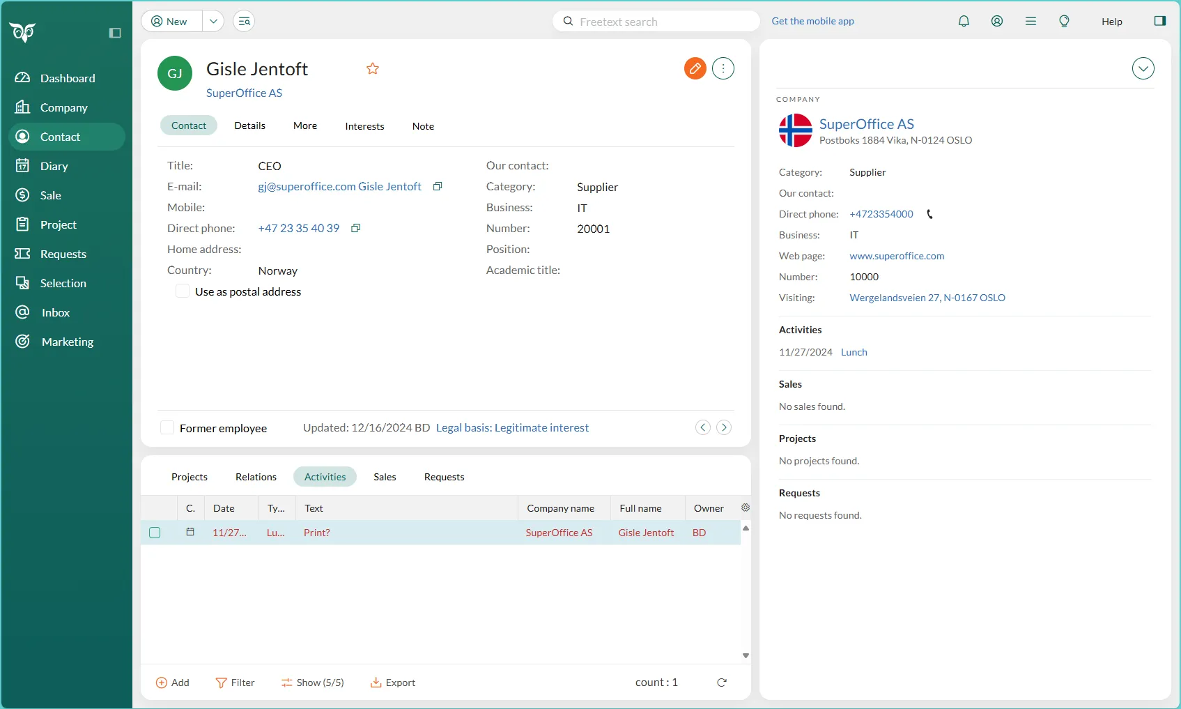 The Contact screen displaying key information about a contact, section tabs, and navigation buttons -screenshot