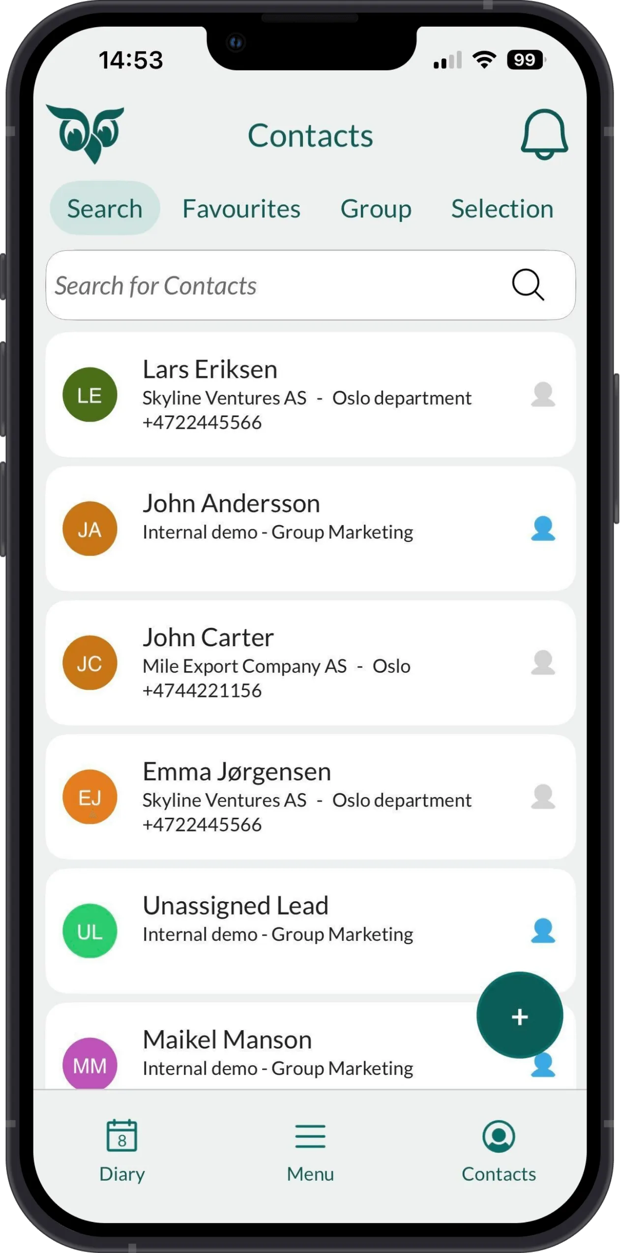 Mobile CRM: Contacts screen -app-screen