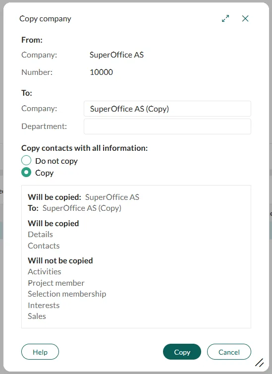 Copy company dialog showing options to name the new company, add a department, and choose whether to copy contacts. -screenshot