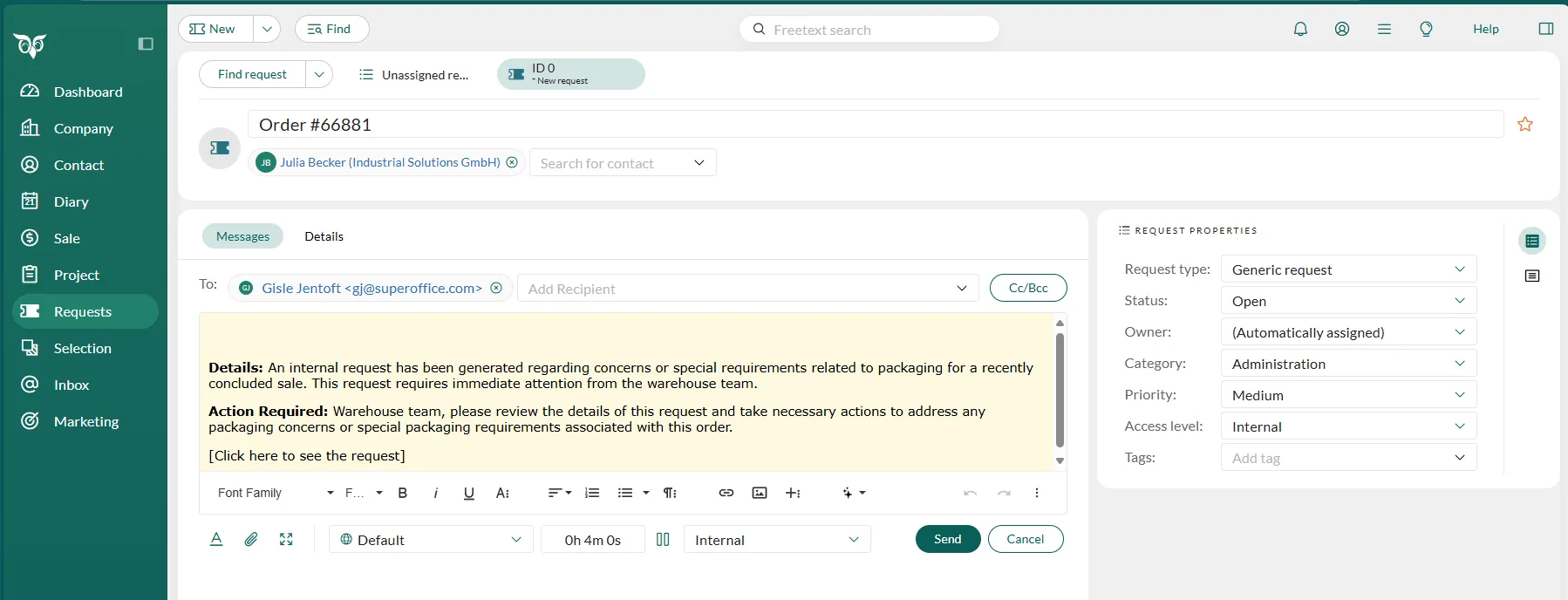 Request properties and message of a new request -screenshot