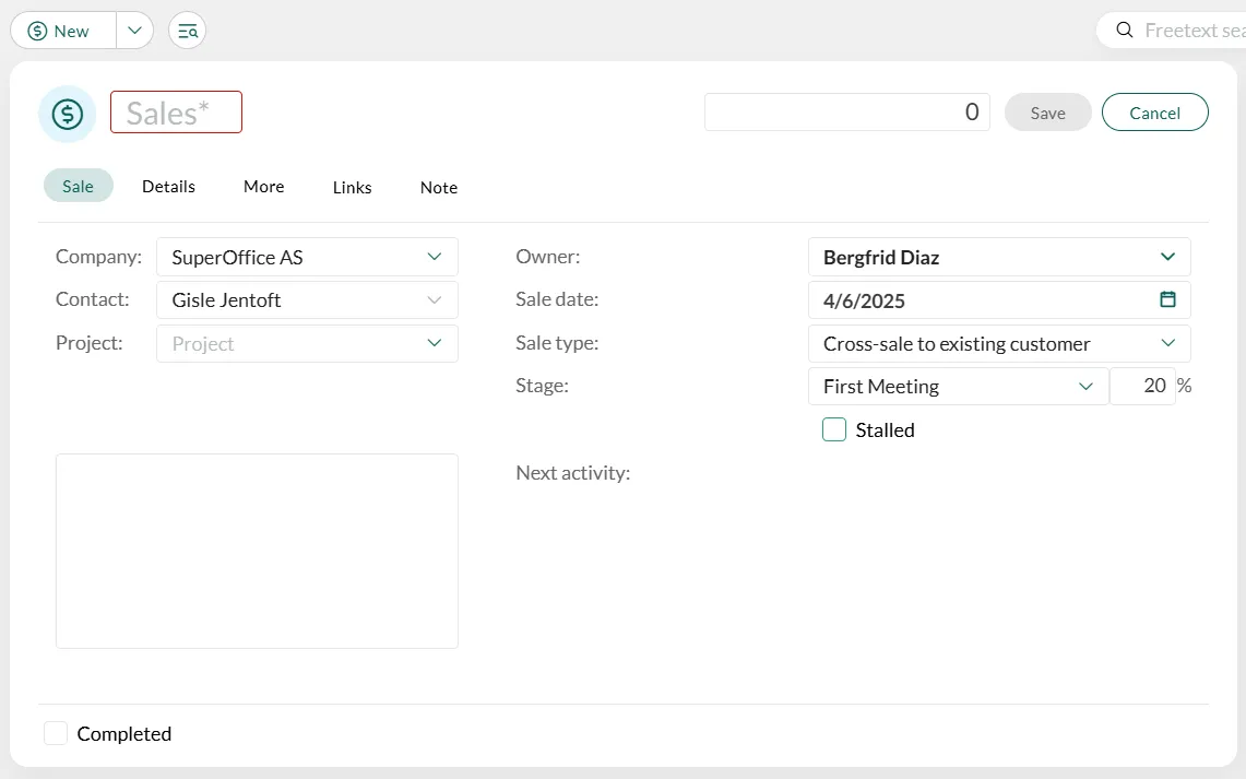 Sale tab showing basic fields in the Sale card -screenshot