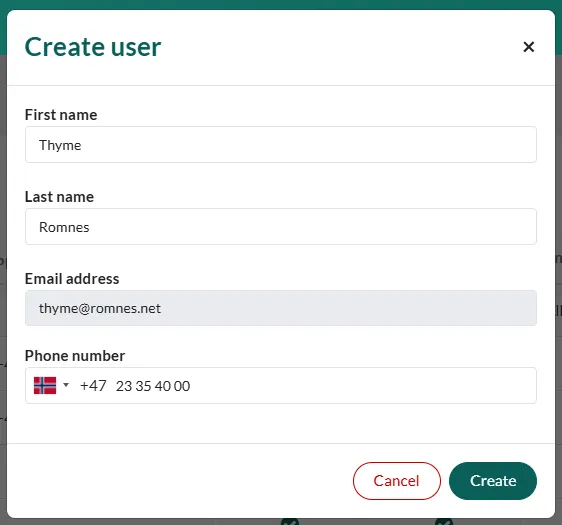 Create user form in the SuperOffice Developer Portal -screenshot