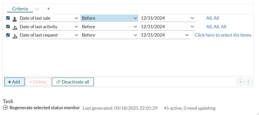 Criteria list with multiple conditions defined and the Add button below the list -screenshot