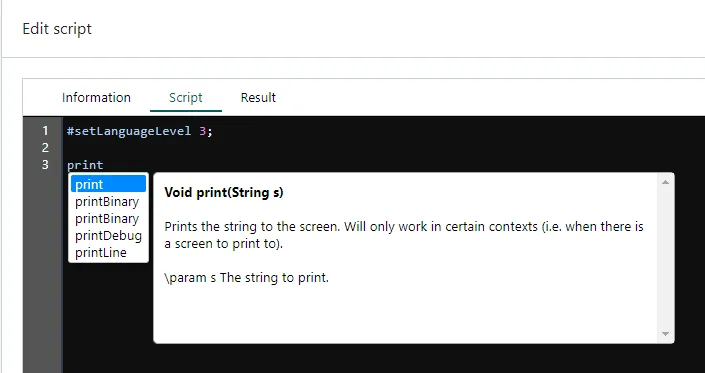 Intellisense, print method