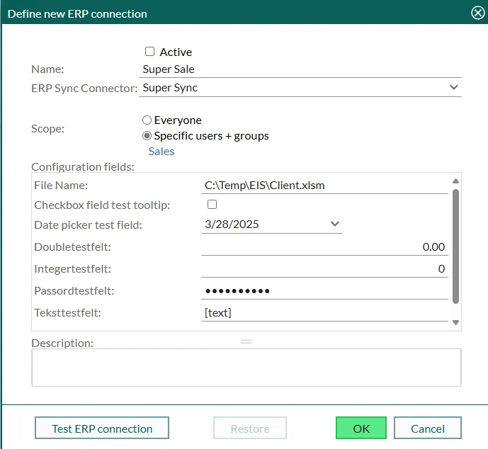 Dialogboks til oprettelse af ERP-link med eksempeldata -screenshot