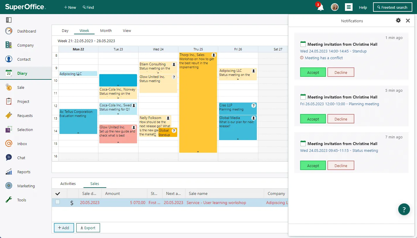 Notifications with incoming invitations via Inbox SuperOffice -screenshot