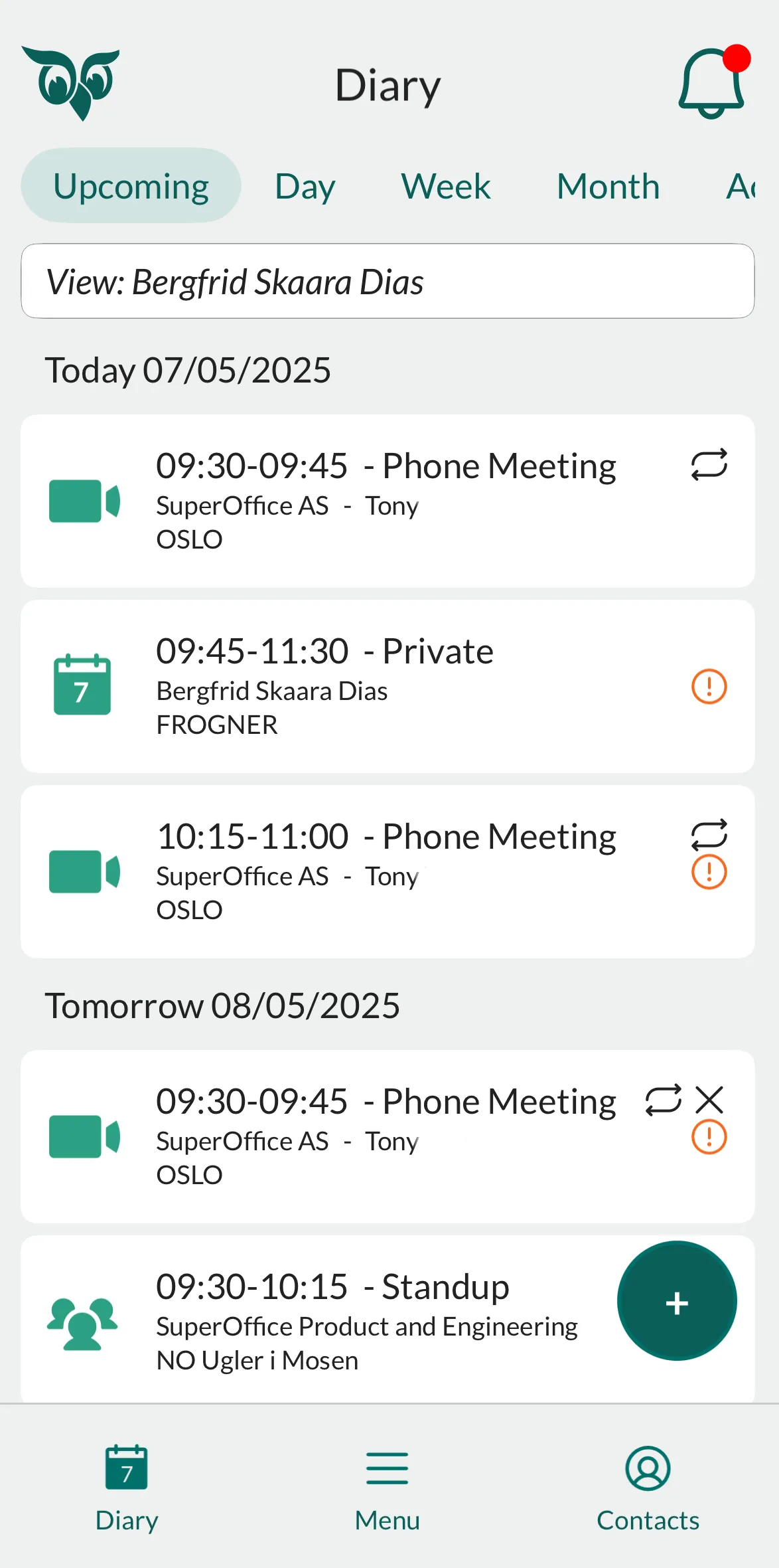 Mobile CRM: Diary upcoming -app-screen