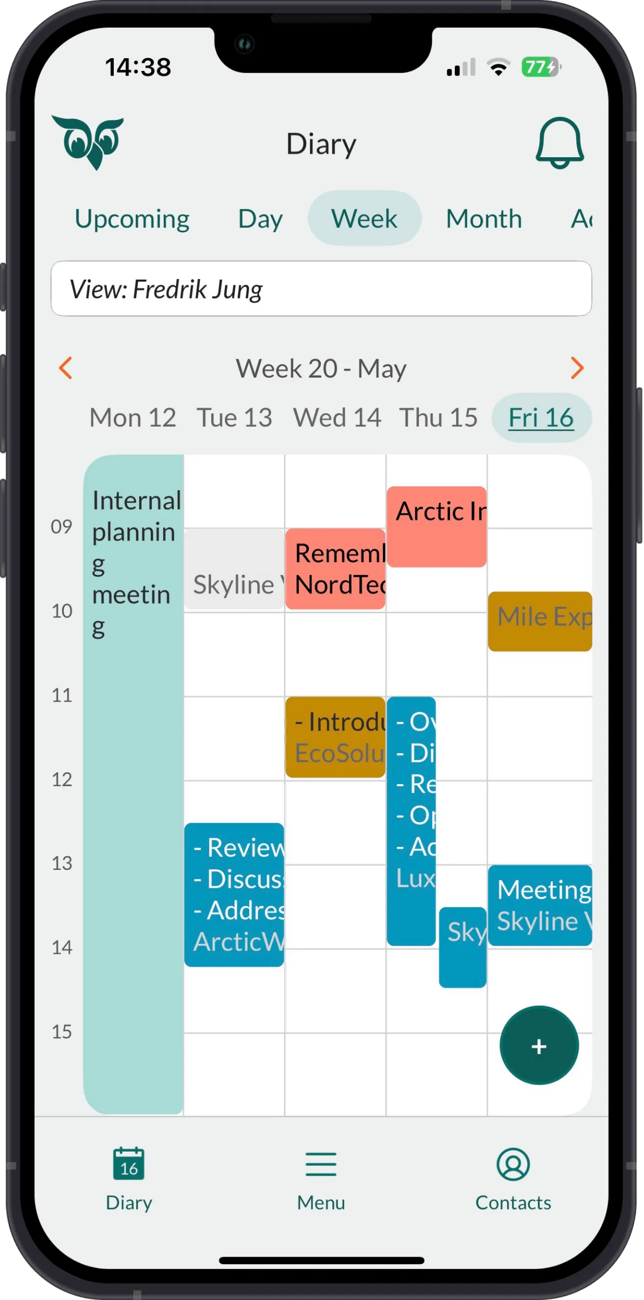 Mobile CRM: Diary week tab -app-screen