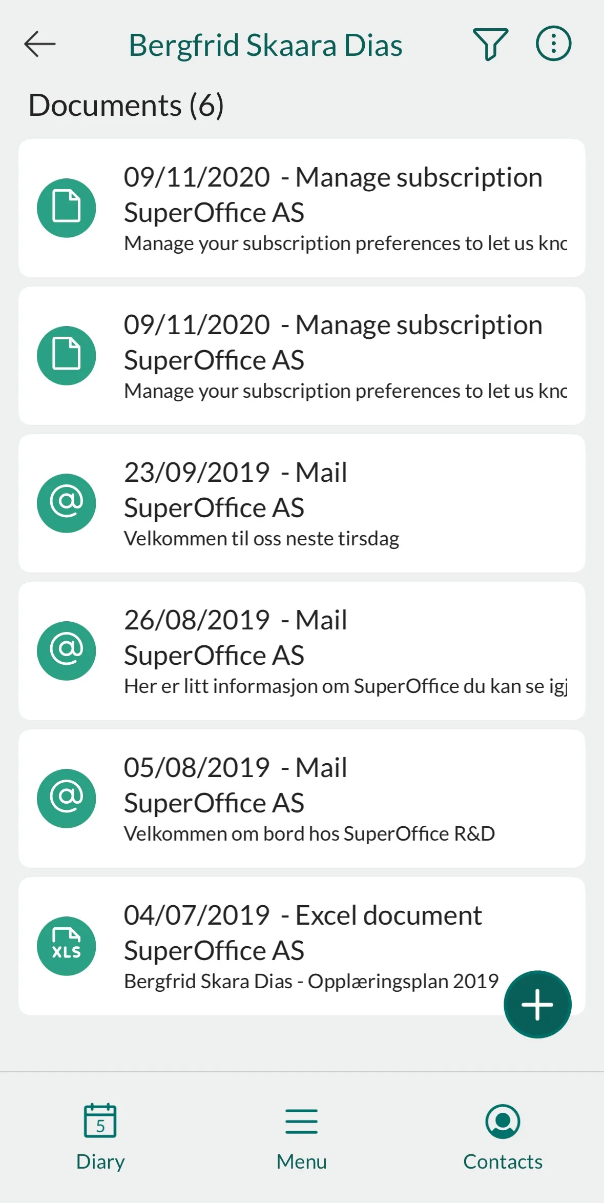 Mobile CRM: list of documents with swipe actions -app-screen
