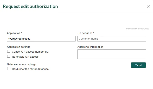 Request edit tenant authorization in SuperOffice Developer portal -screenshot