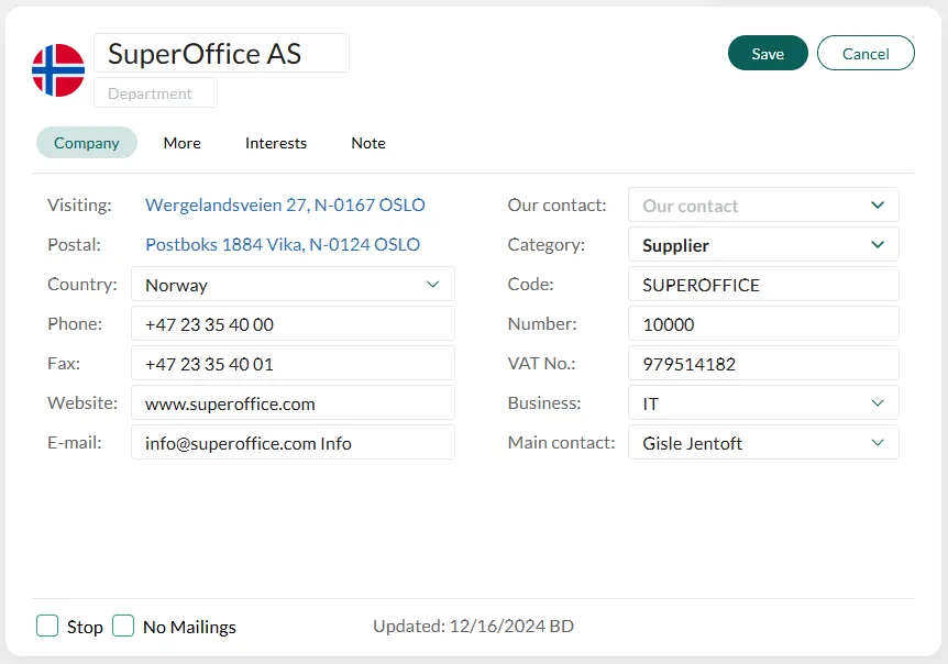The Company screen in edit mode, showing company details -screenshot
