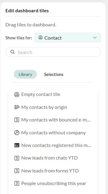 Edit dashboard tiles sidebar -screenshot