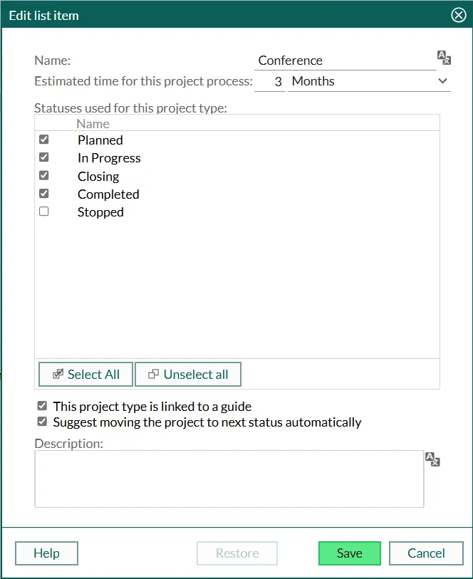 Edit list item dialog showing fields for project type configuration -screenshot