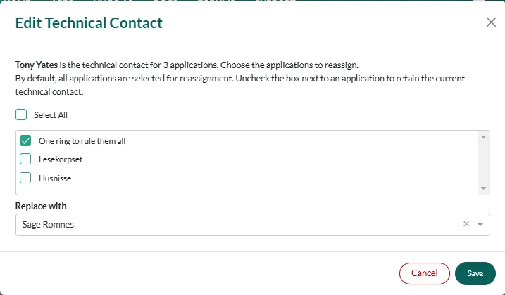SuperOffice developer portal: Edit technical contact -screenshot