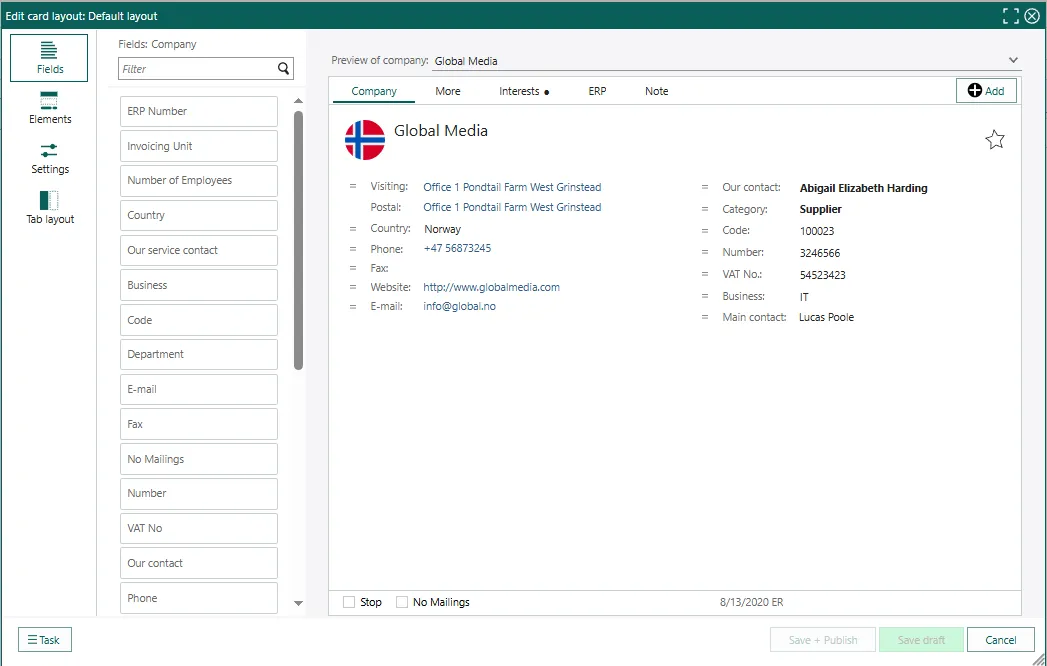 Remove, add and move the different fields in the layout -screenshot