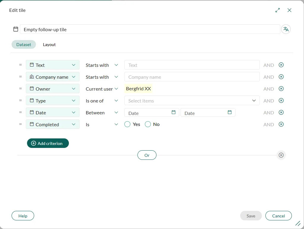 Edit tile dialog, Dataset tab -screenshot