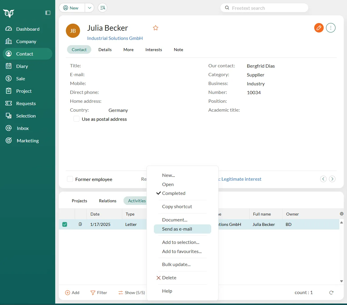 Find the document in SuperOffice CRM, right click and select Send as email, the email dialog opens and you are ready to send -screenshot