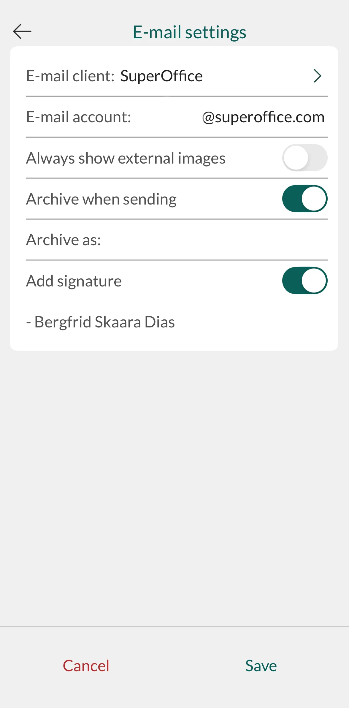 Mobile CRM: email settings -app-screen