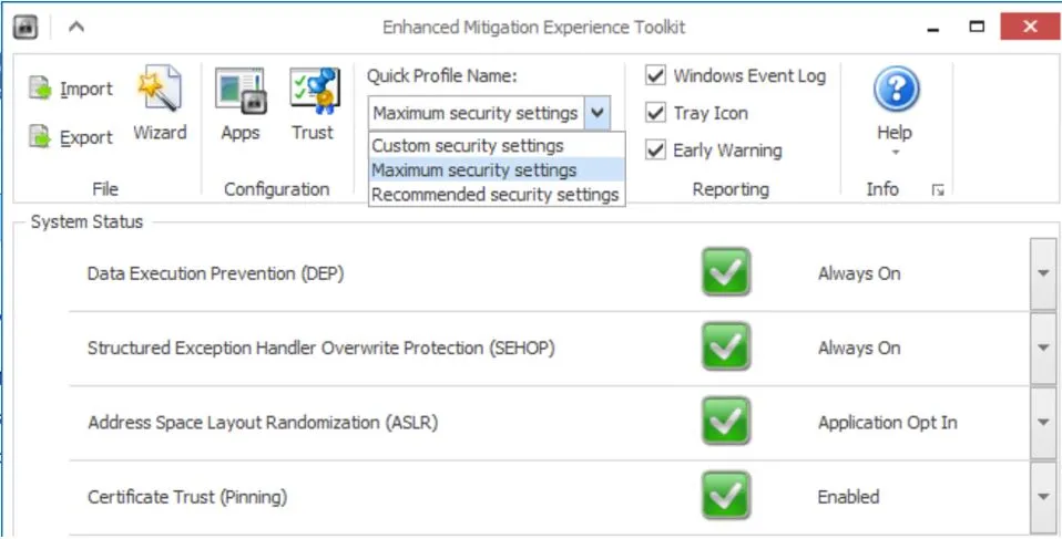 Import the EMET configuration file -screenshot