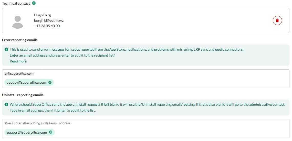 Application settings, error reporting emails -screenshot
