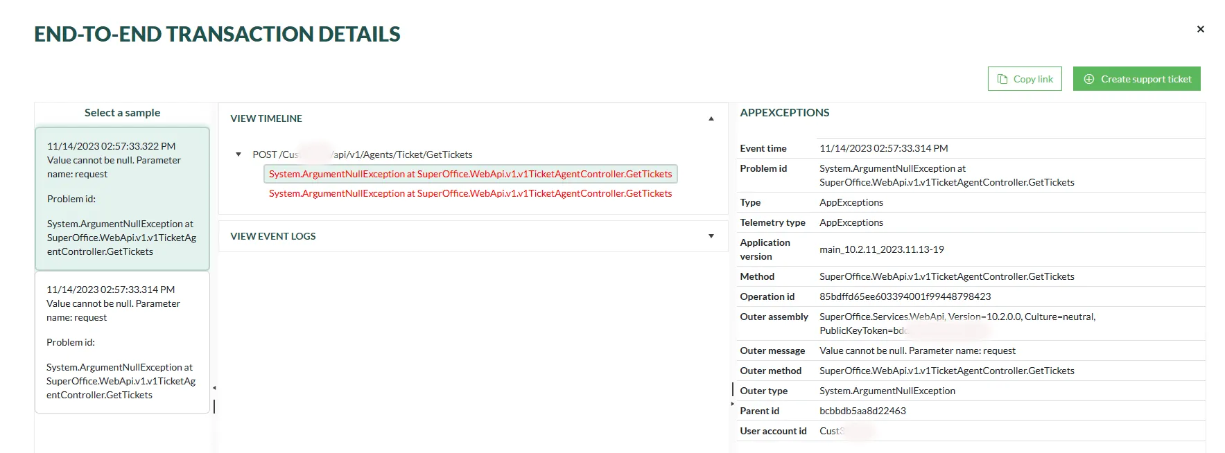 API exception details in SuperOffice developer portal -screenshot