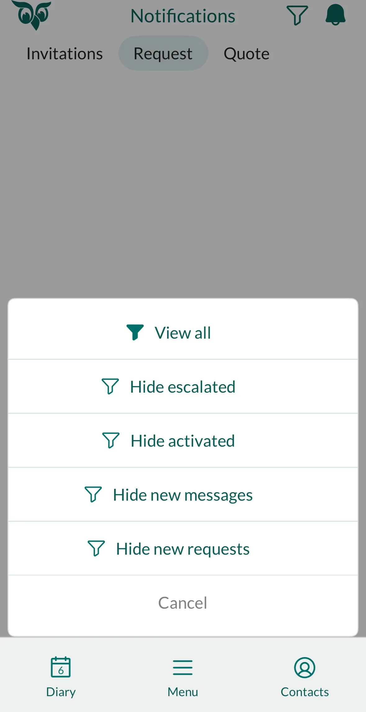 Mobile CRM: Filter notifications for requests in Mobile CRM -app-screen