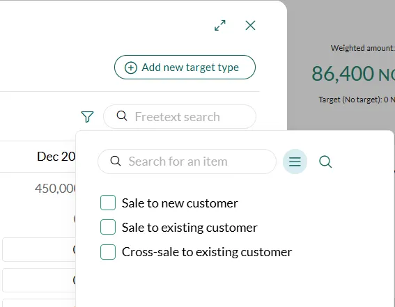 Click the funnel icon to filter sales targets by sub-type -screenshot