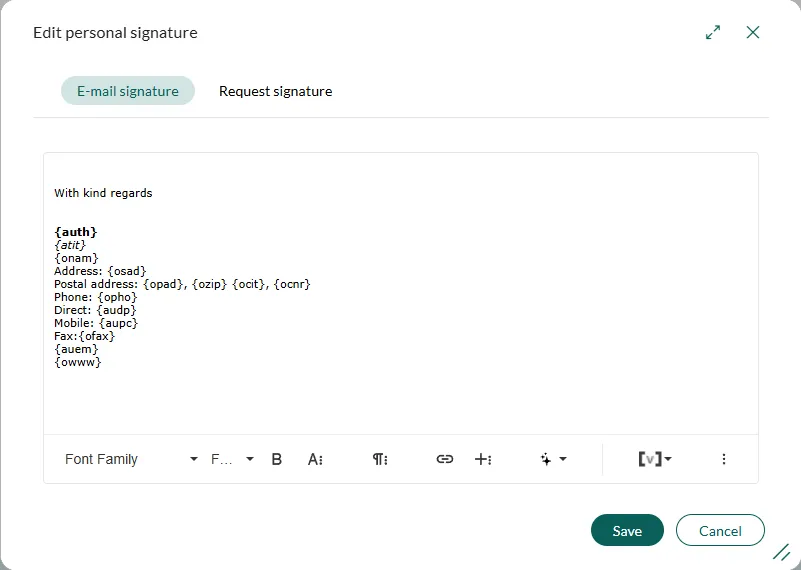 Edit personal email signature -screenshot