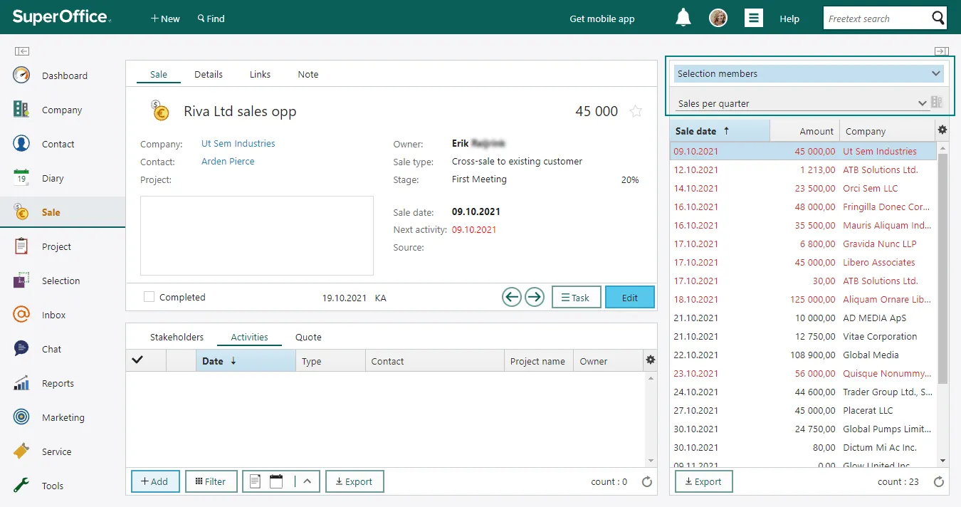 Use the side panel on the sale card to view selection members and the sale selection -screenshot
