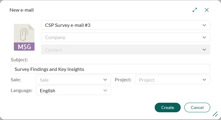Template prompt dialog with fields for sale, project, and language -screenshot