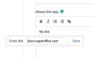 Insert link in rich text field -screenshot