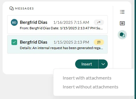 Insert button with options: Insert with attachments and Insert without attachments -screenshot