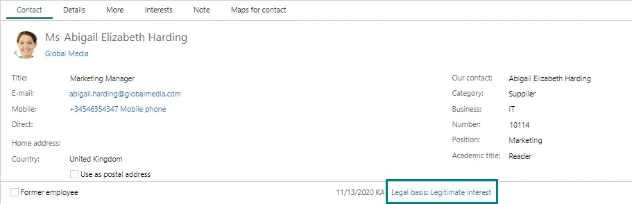 At the bottom of the Contact card you can open a person&#x27;s privacy page by clicking the Legal basis: Legitimate interest button -screenshot