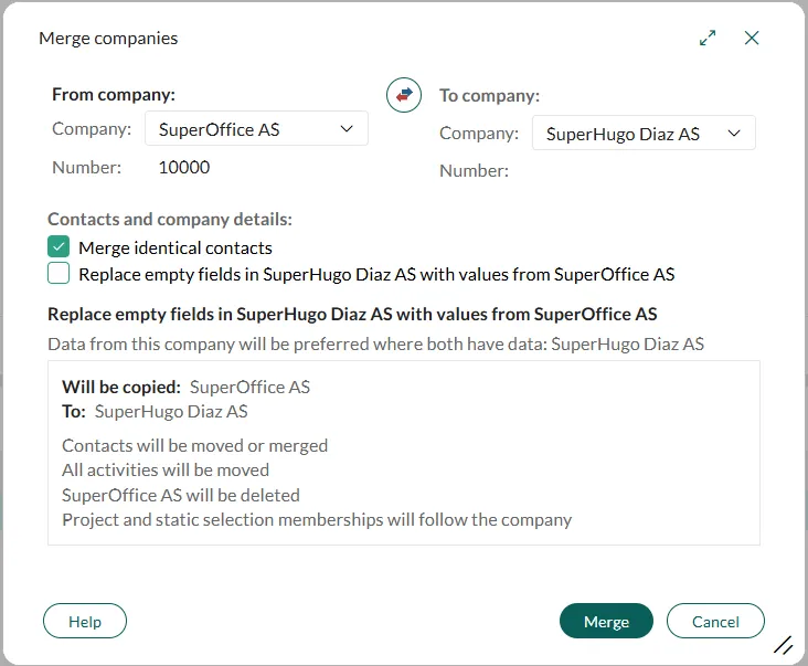 Merge companies dialog with fields for selecting source and target companies, options to merge identical contacts, replace empty fields, and a summary of actions to be performed. -screenshot