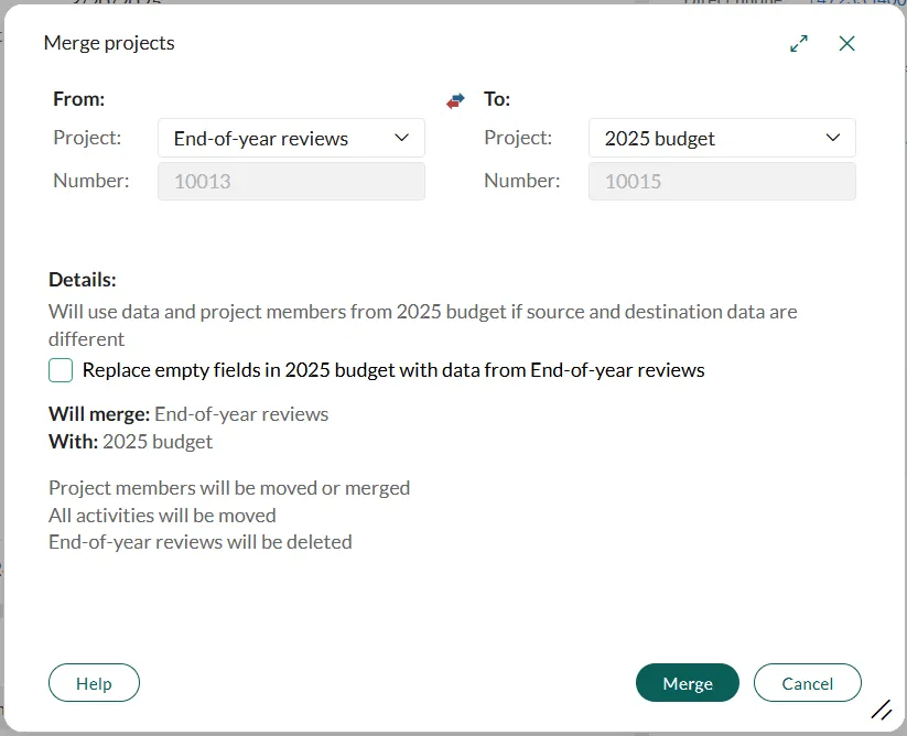Merge projects dialog showing fields for selecting source and target projects, options to replace empty fields, and a summary of the merge actions. - screenshot