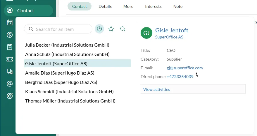 Navigator options in SuperOffice -screenshot