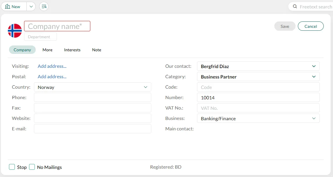 An empty Company card showing mandatory and optional fields. -screenshot