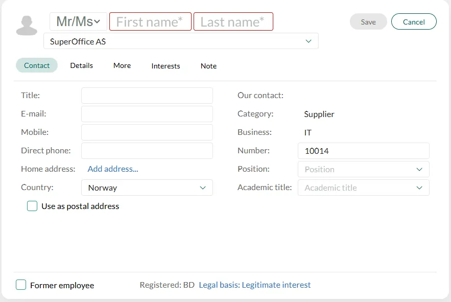 Empty Contact card showing required First and Last Name fields highlighted and optional fields like Title and Company. -screenshot